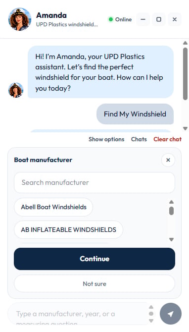Chat with Amanda: choosing Find My Windshield and searching for a boat manufacturer.