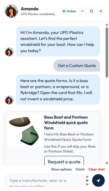 Chat with Amanda: choosing Get a Custom Quote and picking the right quote form.