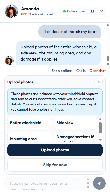 Chat with Amanda: uploading photos of the entire windshield, side view, mounting area and damage.